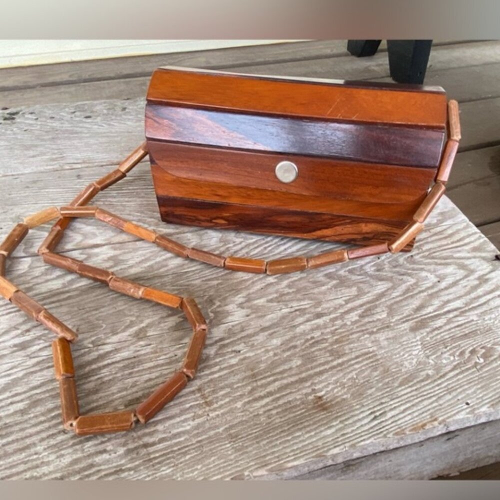Vintage 70s Wooden Slat Shoulder Bag Small Size Two Tone Lined Snap Button Boho